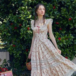 Red Garnet Corset Dress - Lacemade dress Princess Birthday Wedding fairy dress for women French Cotton Rustic Lace Printed Fishbone Corset Dress Printed Dress 2024 Summer Dress - Size: S