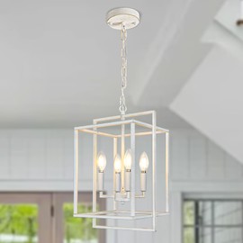 KMaiPem 4-Light Vintage White Dining Room Chandelier, Farmhouse Foyer Lighting Fixtures, Adjustable Rustic Metal Lantern Hanging Pendant Light for Entryway Kitchen Island Staircase