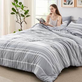 Bedsure Queen Comforter Set 7 Pieces, Grey Striped Bedding Set for All Seasons, Reversible, Cationic Dyeing Bed in a Bag with Comforter, Sheets, Pillowcases & Shams