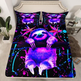 Feelyou Graffti Sloth Bed Sheet Set - Queen Size, 3 Piece Set, Multi 26, Microfiber, Machine Wash, 800 Thread Count, 2 Pillow Cases (20x20), Deep Pocket, Super Soft, Breathable, Durable, Decoration