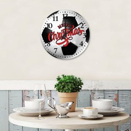 Merry Christmas Soccer Ball Clock Wooden 15 Inch, Soccer Players Modern Clock Non Ticking Round Arabic Numbers Clock for Bedroom Living Room Home Decor