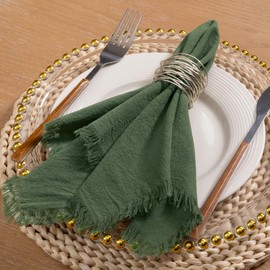 LINXTAR Handmade Cloth Napkins with Fringe 4 Pack 17''x17'' Thick Cotton Linen Napkins Soft Versatile Dinner Table Napkins for Parties Weddings Everyday Use - Olive Green