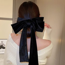 Jumwrit Extra Big Hair Bow Clip Large Long Hair Bowknot Soft Hair Barrette Strong Hold Solid Color Hair Clip for Women Girls (Black)