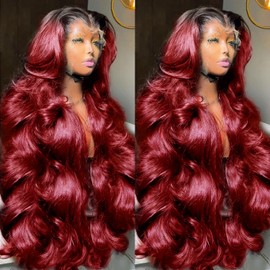 AMIRTY 250 Density Burgundy Lace Front Wigs Human Hair 13x6 HD Transparent Body Wave Lace Front Wigs Human Hair Pre Plucked 1B/99J Burgundy Red Wine Glueless Human Hair Wigs for Women 26 Inch