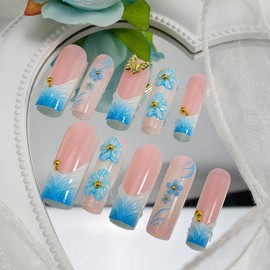 24Pcs Blue Flower Press on Nails Long Square French Tip Fake Nails with Gold Butterfly Rhinestones Handmade Glue on Nails Spring Summer False Nail French Floral Acrylic Nail for Women Manicure
