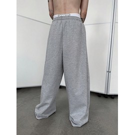 SHENHE Men's Baggy Pants Wide Leg Drawstring Waist Loose Sweatpants with Pockets Light Grey Large