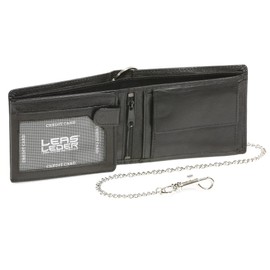 LEAS Biker Wallet purse with chrome-chain without application horizontal format, Genuine Leather, black Chain-Series''