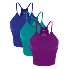 ODODOS Women's 3-Pack Seamless Cami Tops Ribbed Camisole Tank Top, Phlox+Sea Green+Lapis, X-Large/XX-Large