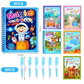 OSDUE 6 Pack Water Coloring Book for Toddler, Water Painting Book for Toddlers, Paint with Water Books, Educational Learning Doodle Toy, Reusable No-Mess Art Book Travel Toys & Xmas Gift for Kids