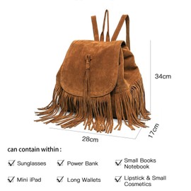 LUI SUI Women's Fashion Faux Leather Fringe Tassel School Bag Large Capacity Casual Work School Backpack Bag, brown