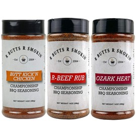 3 set R Butts R Smokin' Set of 3 Ozark Heat, Butt Kickn Chicken & R-Beef BBQ Seasoning 14 oz Bottles - Barbecue Grill and Cooking Spice for Pork, Chicken, Beef, Steak, Ribs, and Vegetables