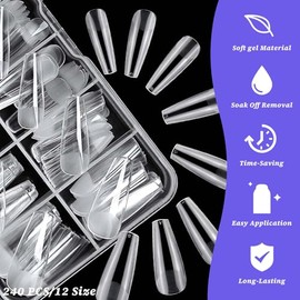 240pc Coffin Gel Nail Tips Long Fake Nails Clear Press ons Nail, Long Coffin Nails Tips Acrylic Nails Extension Soft Gel Nails Tip Full Cover Ballerina False Nail Clear Artficial Fingernails