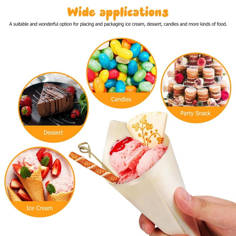 DEARMAMY 100 Pcs Disposable Wooden Cone Tasting Serving Wooden Cones