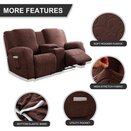 YUEANG Recliner Loveseat Cover with Center Console, 2 Seater Jacquard Recliner Sofa Slipcover with Pockets Washable Stretch Reclining Couch Covers Furniture Protector with Elastic Straps (Chocolates)