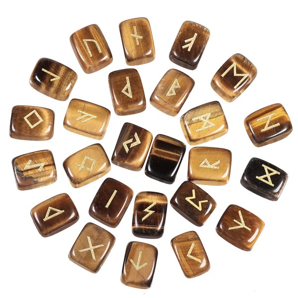 Nupuyai Natural Tiger's Eye Rune Stones Set Polished Witches Crystal with Engraved Elder Futhark Runic Alphabet for Meditation Divination Healing