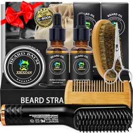 Kit de alisador de barba para hombres, kit de crecimiento de barba con 2 unidades de aceite de crecimiento, bálsamo de naranja natural, peine, tijeras y cepillo para polvo, doble voltaje apto para