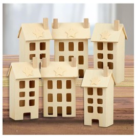 Factory Direct Craft Unfinished Wooden Saltbox Houses Assortment of 6 - Wood Houses for Christmas Villages and Primitive Home Decor (5-1/8 Inches High)