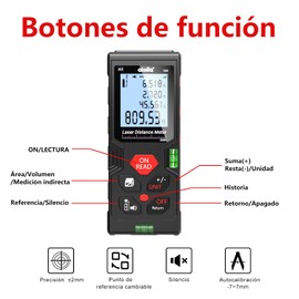 atolla Telémetros Láser, Medidor Láser de Distancia(100M M/in/Ft), Distanciometro Láser ±2 mm Alta Precisión con Niveles de Burbuja, LCD retroiluminada, Función de Silencio, Medición de Distancia/Área/Volumen