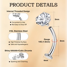 Beautidots 6Pcs Floating Belly Button Ring Stainless Steel 14G Belly Rings Internally Threaded CZ Opal Curved Long Bar Flat Back Navel Belly Piercing, Silver, 8MM