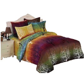 Swanson Beddings Rainbow Tree 4 Piece Bedding Set: Duvet Cover, Fitted Sheet and A Pair of Pillowcases (Full)