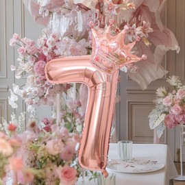 40 Inch Rose Gold Crown Number 7 Balloons, 7th Birthday Balloons for Men Women, 7 Celebration Decor Happy 7th Birthday Party,0-9 Party Decoration Wedding Anniversary Events Supplies (Rose Gold 7)