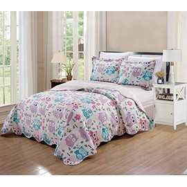 Kids Zone Collection Bedspread Set wls Pink Purple Aqua Blue Singing Owl Music Notes Hearts Flower Leaves for Girls/Teens Multi-Color New # Owl (Full/Queen)