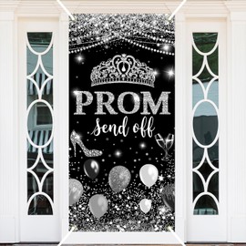 Ticuenicoa Graduation Door Cover Banner, Prom Send Off Class of 2025 Decoration Elegant Silver and Black Glitter Backdrop for Girls Prom Party Decoration and Photo Booth Background,72 x 35 Inch
