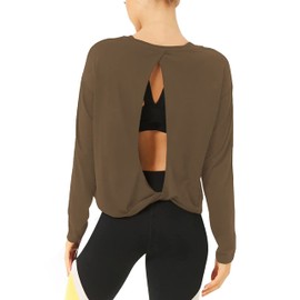 Bestisun Workout Tops Long Sleeve Yoga Tops Open Back Running Shirts Exercise Workout Clothes for Women Brown XL