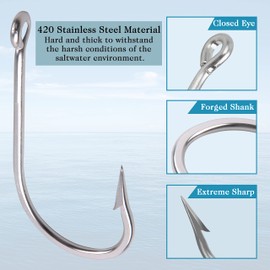 Saltwater Large Giant Shark Alligator Fishing Hooks Big Game Stainless Steel J Fishing Hooks Extra Strong Large Fish Hooks for Tuna Swordfish Catfish Size 5/0-20/0