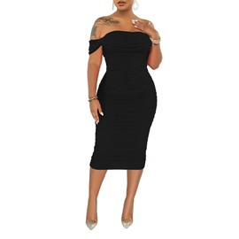 PINSV Women Ruched Off Shoulder Dress Bodycon Party Elegant Midi Dresses Black L