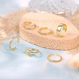 NICEIGHT 6Pcs 14K Gold Filled Toe Rings for Women Non Tarnish Silver Flower Hug Band Toe Rings Simple Adjustable CZ Twist Toe Ring Summer Beach Foot Jewelry for Women Gold A