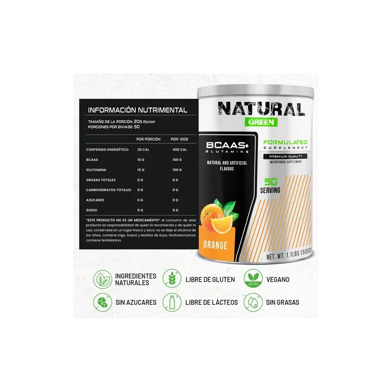Aminoácidos Bcaas Glutamina 500g Natural Green Naranja