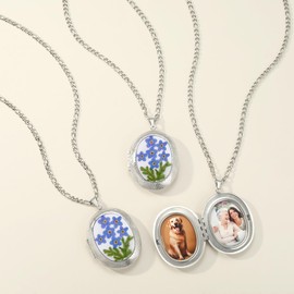 Locket Necklace Photo Lockets that Hold Picture | Forget-Me-Not and Plant Pressed Flower Locket Necklace | Polished Oval Pendant | Chain 25.6"