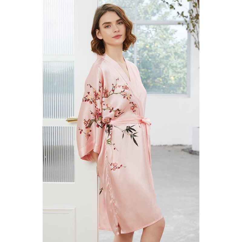 Ledamon Women's 100% Silk Kimono Short Robe (Light pink-A)