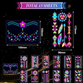 Scettar 15 Sheets Neon Temporary Tattoo, 200+UV Blacklight Neon Glow Fake Tattoos Multiple Designs Glow in the Dark Neon Tattoos Rave Festival Accessories for Women Girls Party Supplies
