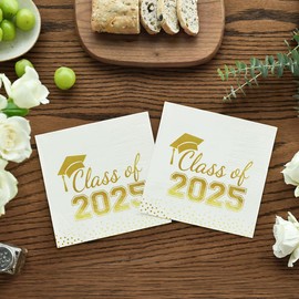 Horaldaily 100 Class of 2025 Graduation Disposable Cocktail Paper Decorative Luncheon Napkins, White and Gold Foil Dots College High School Grad Celebration Hand Towel Party Lunch Kitchen Bathroom