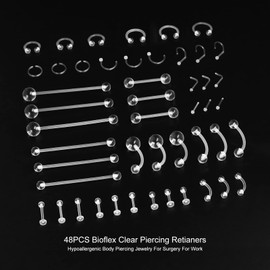 MixPiercing Pack of 48 Clear Plastic Piercing Retainers for Nose Tongue Nipple Belly Lip Labret Septum Hoops Ear Cartilage Plastic Piercing Place Holder Jewellery for Surgical, Plastic