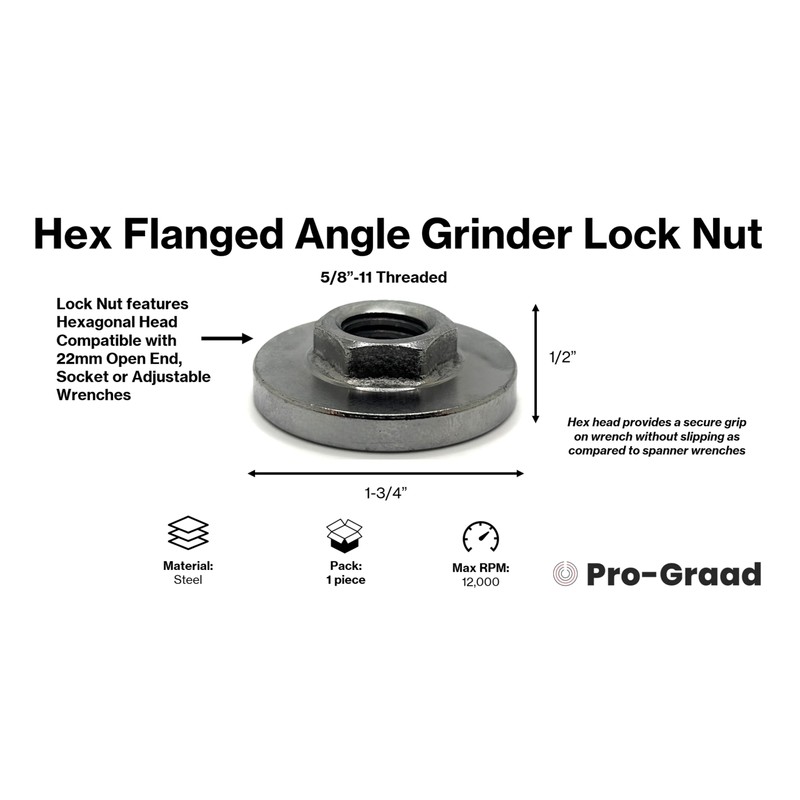 Pro-Graad 5/8-11 Angle Grinder Flange Nut, Hex Flanged Replacement Lock