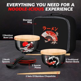 Japanese Ramen Bowl Set of 2-20 Pcs, 32 Oz Ceramic Microwaveable & Dishwasher Safe Large Noodle Bowls with Lid & Built-In Chopstick Holder, Pho, Udon, Thai, Korean, Rice - 6.5 Inch