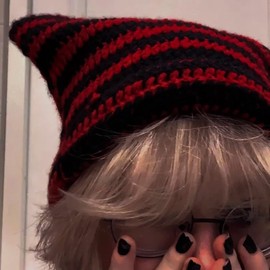 SINSEN Women's Cat Beanie Crochet Hats with Ears Knitted Striped Winter Warm Elastic Cap for Girls Adults Kids (Black Red)