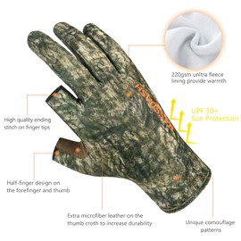 BASSDASH Unisex Fingerless Fleece Liner Camo Hunting Gloves for Cold Weather UPF 50+ Lightweight Fishing Photography HG06