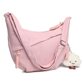 Micmores Shoulder Bag Crescent Bag Corduroy Crossbody Bags for Women, Multi Pockets Sling Bag Hobo Half Moon Bag Cross Body Bag for Travel Work Daily(Pink)