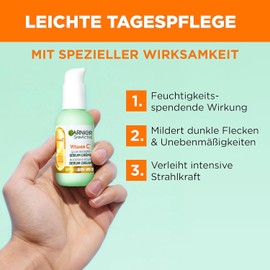 Garnier Serum-Crème gegen müde Haut und dunkle Flecken, 2in1 Tagespflege für mehr Glow und einen ebenmäßigen Teint, Mit Vitamin C, Skin Active, 50 ml