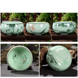 Hotumn Celadon Teacup Porcelain Chinese kungfu Teacup Fishes and Lotus Pattern set of 3 teacups