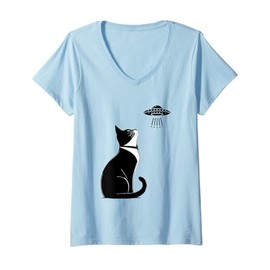 Womens Tuxedo Cat UFO T-Shirt Funny Alien Cat Lover Gift Whimsical V-Neck T-Shirt
