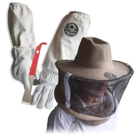 Goodland Bee Supply GL-GLV-JHK-VL-Large Sheep Skin Beekeeping Protective Gloves with Canvas Sleeves and Beekeeping Hat Includes Round Veil - Large & J-Hook Beehive Scraper Tool