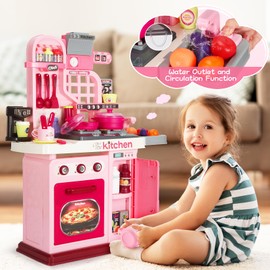 DRAMATION Kids Kitchen Playset, 27.1 Inches Play Kitchen with Sound and Light, Kitchen Set for Toddlers 1-3 3-5, Cooking Stove, Play Sink and Kitchen Accessories, Toy Kitchen (Pink)