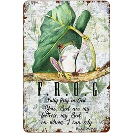 Krouterebs Frog Fully Rely On God Vintage Style Metal Tin Sign Home,Living Room,Kitchen,Dining Room,Bedroom,Farmhouse,Wall Decoration 6" x 8"