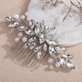 Teyglen Silver Crystal Pearl Wedding Hair Comb Rhinestone Bridal Hair Side Comb with Pearl Wedding Head Piece Handmade Rhinestone Hair Accessories for Women(Silver)