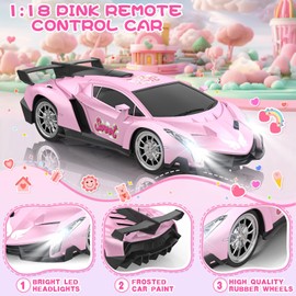 Growsland Remote Control Car for Girls, 1:18 Pink RC Cars Toys for Kids Girl Electric Vehicle Toy Car Hobby Racing Car with Lights & Controller, Birthday Gifts for Girl Boys Age 3 4 5 6 7 8 9 Year Old